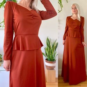 Vintage 70s does 30s burnt sienna peplum maxi S